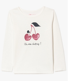 GEMO Tee-shirt fille à manches longues imprimé pailleté devant avec coton bio Beige