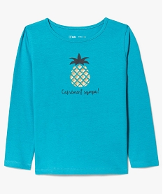 GEMO Tee-shirt fille à manches longues imprimé pailleté devant avec coton bio bleu standard