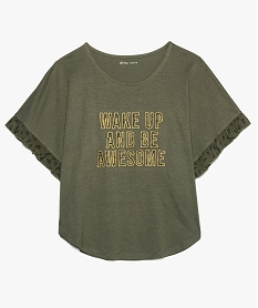 GEMO Tee-shirt fille coupe poncho à volants et message kaki standard