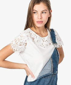 tee-shirt femme a manches courtes et empiecement dentelle blanc9000301_2