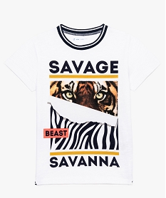 GEMO Tee-shirt garçon avec motif tigre devant et col en bord-côte blanc vif