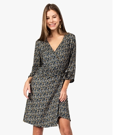 GEMO Robe femme cache-cœur à manches 34 et motif floral bleu standard