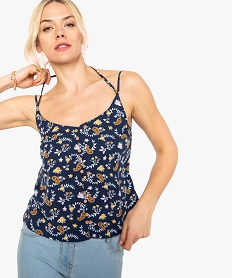 GEMO Top femme en maille fluide à bretelles et motifs fleuris violet chine