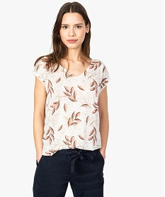 tee-shirt femme fleuri a coupe loose et dos fantaisie noue beige t-shirts manches courtes9048901_1