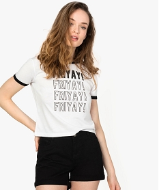 GEMO Tee-shirt femme à manches courtes avec col contrastant Blanc