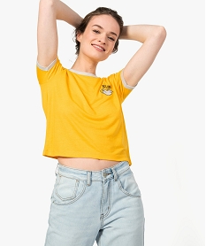 GEMO Tee-shirt femme à manches courtes avec col contrastant Orange