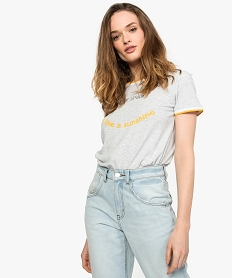 GEMO Tee-shirt femme avec inscription et finitions bicolores Gris