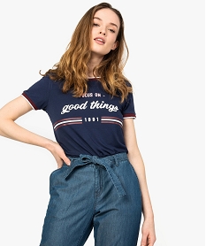 tee-shirt femme avec inscription et finitions bicolores bleu9055401_1