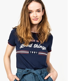 tee-shirt femme avec inscription et finitions bicolores bleu9055401_2