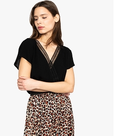 GEMO Blouse femme cache-cœur fluide à finition dentelle macramée noir vif
