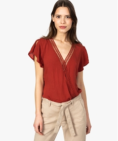 GEMO Blouse femme cache-cœur fluide à finition dentelle macramée Rouge