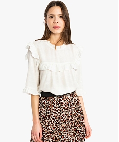 GEMO Blouse femme à volants et motif en relief ton sur ton Blanc
