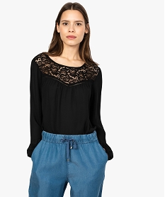 GEMO Blouse femme manches longues en voile et plastron dentelle noir standard