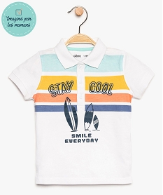 GEMO Polo bébé garçon en coton avec rayures pastel et motif surf Blanc