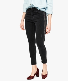 GEMO Jeans femme skinny finition frangée à bandes imprimées python Noir