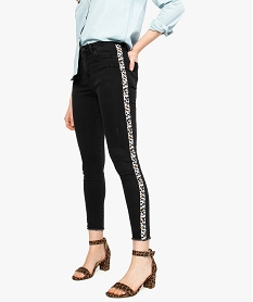 jeans femme skinny finition frangee a bandes imprimees leopard noir9092701_1