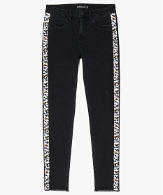 jeans femme skinny finition frangee a bandes imprimees leopard noir9092701_4