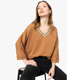 GEMO Pull femme en maille fine ajourée et détails pailletés Brun