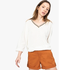 GEMO Pull femme en maille fine ajourée et détails pailletés Beige