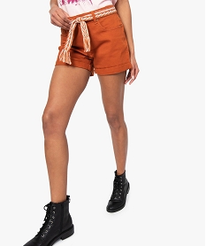 short femme en toile avec ceinture tressee style ethnique brun9093801_1