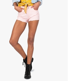 short femme en denim uni colore bord frange rose shorts9094101_1