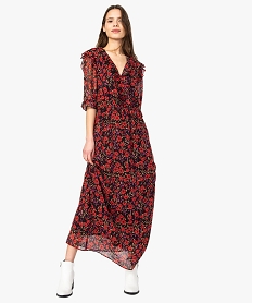 GEMO Robe femme longue en voile fleuri à décolleté volanté orange vif