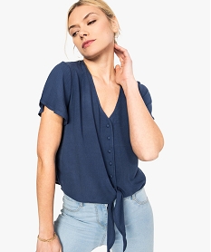 GEMO Chemise femme à manches courtes avec noeud dans le bas Bleu