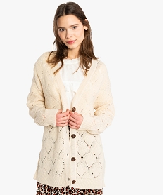 GEMO Gilet femme à grosse maille ajourée en mohair blanc chine