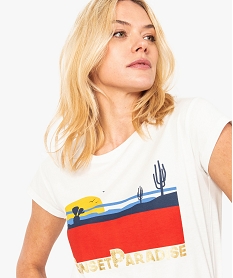 GEMO Tee-shirt femme à manches courtes avec motif estival Blanc