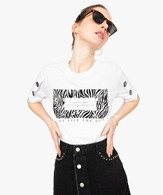 tee-shirt femme court motif zebre a manches boutonnees blanc9097101_1
