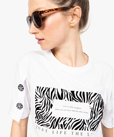 tee-shirt femme court motif zebre a manches boutonnees blanc9097101_2