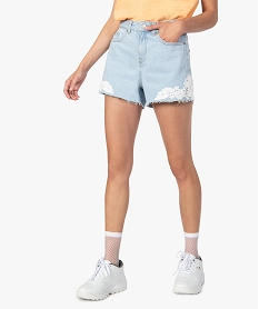 GEMO Short femme en jean à bord-franc et dentelle Bleu