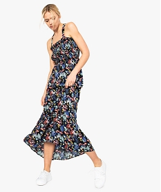 GEMO Robe femme longue avec buste smocké et bretelles croisées Vert
