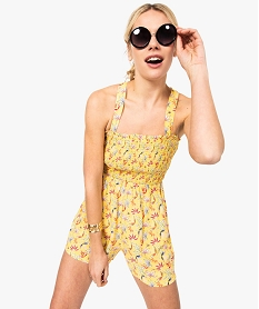 GEMO Combishort femme à motifs fleuris et buste smocké Jaune