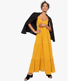 GEMO Robe longue pour femme avec fines bretelles et broderies Jaune