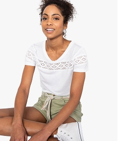 GEMO Tee-shirt femme avec empiècement en dentelle Blanc