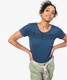 GEMO Tee-shirt femme avec empiècement en dentelle Bleu