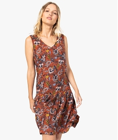 GEMO Robe femme fluide imprimé fleurs avec fronces et col V Brun