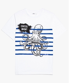 GEMO Tee-shirt garçon avec rayures et motif pieuvre Blanc