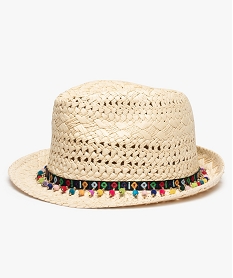 chapeau femme en papier avec ruban et perles multicolores beige9107101_1