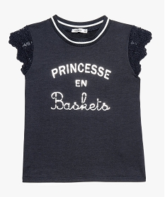 tee-shirt fille a manches courtes en dentelle et details argent bleu9111401_1