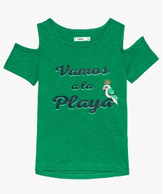 tee-shirt fille a epaules denudees et imprime paillete devant vert tee-shirts9121301_1