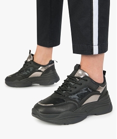 GEMO Dad shoes* femme à lacets unies avec empiècements multi-matières Noir
