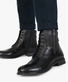 GEMO Bottines femme dessus cuir lacées et zippées look preppy Noir