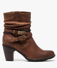 GEMO Bottines femme à talon tige plissée et brides fantaisie marron standard