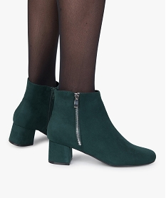 GEMO Boots femme à talon carré en suédine unie et zip décoratif vert standard