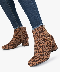 GEMO Boots femme à talon carré en suédine unie et zip décoratif Multicolore