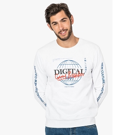 GEMO Sweat homme molletonné imprimé geek devant et bras Blanc