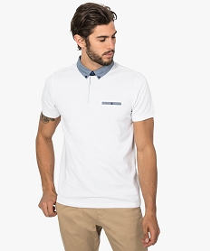 GEMO Polo homme en maille piquée à col chemise boutonné Blanc