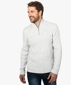 GEMO Pull homme en maille bord-côte avec col montant zippé Gris